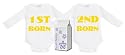 1st Born And 2nd Born Twin Set Long Sleeve Babygrows / Bodysuit Alternative Baby Clothes Sizes 0-6 months WHITE/BLACK + in funky Milk Carton