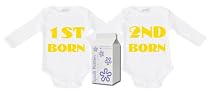 1st Born And 2nd Born Twin Set Long Sleeve Babygrows / Bodysuit Alternative Baby Clothes Sizes 0-6 months WHITE/BLACK + in funky Milk Carton