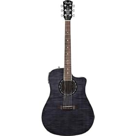 Fender T-Bucket 300CE Flame Maple Top Dreadnought Cutaway Acoustic-Electric Guitar Bundle with Strings, Polishing Cloth, and Pick Card - Transparent Black