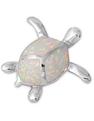 Sterling Silver White Lab Opal Sea Turtle Pendant Cute Charm Pure 925 New 19mm with 2mm Rope Chain