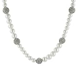White Simulated Pearl and Pave Gun Metal Tone Necklace, 16.5