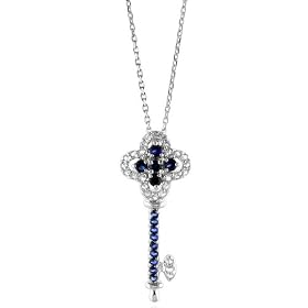 White and Blue Sapphire Key Pendant Necklace w/18" Chain in Sterling Silver