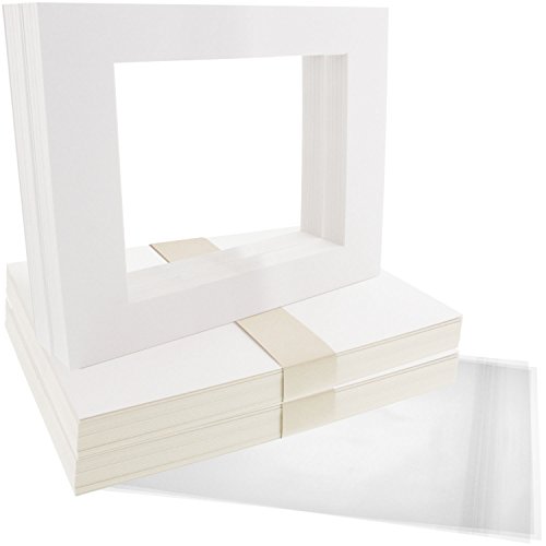 US Art Supply Art Mats Brand Premier High Quality Acid-Free Pre-Cut 5x7 inch White Picture Mat Matte Sets. Includes a Pack of 50 White Core Bevel Cut Mattes for 4x6 Photos, Pack of 50 Backers & Pack of 50 Crystal Clear Plastic Sleeves Bags.