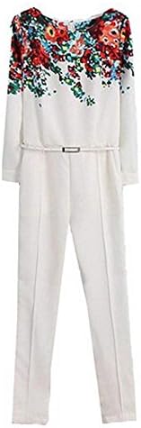 Fanala Womens New Vintage White Round Neck Long Sleeve Floral Pattern Slim Jumpsuits M