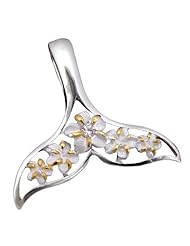 925 Silver Two Tone Whale Tail w/ Plumeria Pendant Hawaiian Silver Jewelry