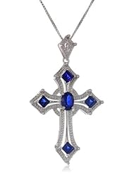 Sterling Silver Oval and Square Shaped Created Ceylon Sapphire Cross Pendant Necklace , 18"