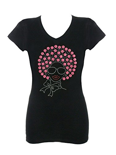 Women's Afro Hair Woman Rhinestone Bling T-Shirts Black