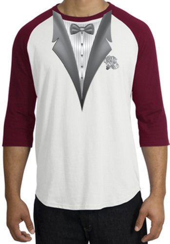 TUXEDO with WHITE FLOWER Tux Adult Raglan T-shirt – White/Cardinal