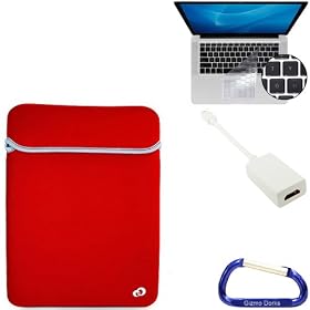 Bundle Set: Apple MacBook Pro / MacBook Air 13.3 Inch Black / Red Laptop Carrying Case Reversible Sleeve, Keyboard Silicone Skin Cover, Mini DisplayPort Male to HDMI Female Adapter, and a Free Carabiner Key Chain