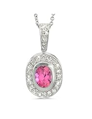 Vintage Oval Shaped Diamond Pendant With An Oval Center Stone In 18K White Gold With A 0.90 ct. Genuine Pink Tourmaline Center Stone.