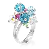 Pastel Ocean Blue Cluster Multi-Colored Faceted Swarovski Crystal 925 Sterling Silver Finger Ring - Adjustable Size 6,7,8,9