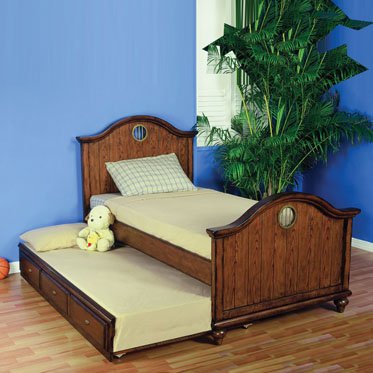 Twin Size Bed with Antique Brass Portholes in Antique Honey Brown Oak Finish