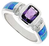 14K White Gold Rhodium Plated Sterling Silver Wedding & Engagement Ring Sterling Silver, Synthetic Sterling Silver, Synthetic Opal Inlay Ring, w/ Cushion Cut Amethyst CZ & Brilliant Cut CZ stone Accents For Women 9MM ( Size 6 to 9)