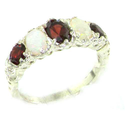 High Quality Solid 14K White Gold Natural Garnet & Opal English Victorian Ring - Finger Sizes 5 to 12 Available