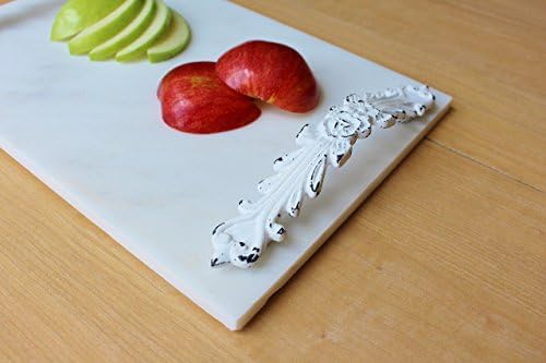 Grecian White Marble Cheese Board | Cutting Board | Pastry Board | Marble display stand with Metal Handles (8" x 12")