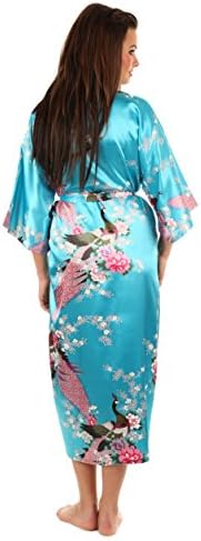 VEAMI Women's Kimono Robe, Peacock Design-Enchanted Blue-Medium, Long