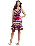 AK Anne Klein Womens Striped V-Neck Dress With Full Skirt