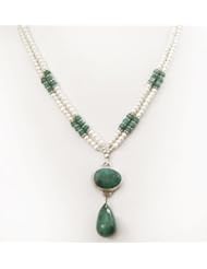 Amazing Designer Natural Pearl & Emerald Beaded Necklace with Emerald 925 Sterling Silver Pendant