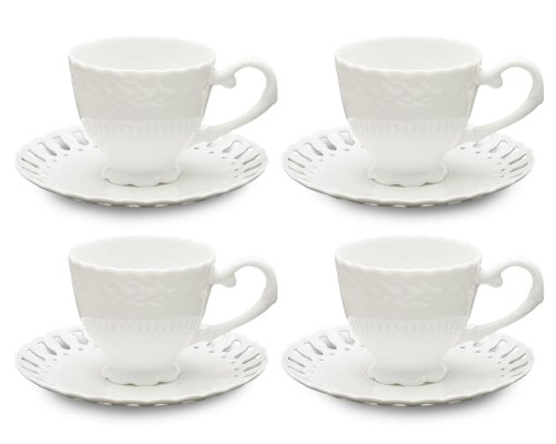 Gracie China, Heirloom Collection, 8-Ounce Cup and Saucer, White Fine Pierced Porcelain, Set of 4