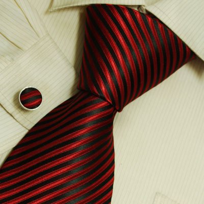Black silk necktie cufflinks set Red stripes birthday gifts for man discount A2103