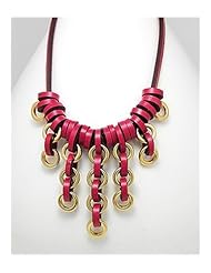 Deep Pink Leather Necklace In White Base