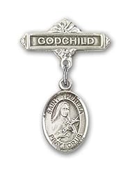 Sterling Silver Baby Badge with St. Theresa Charm and Godchild Badge Pin