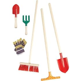 Children's Deluxe 6 Piece Toy Gardening Tools: Kid Sized Shovel, Rake, Broom, Hand Space, Hand Fork and Gloves