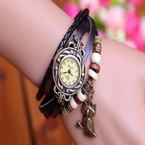 Vintage Leather Quartz Owl Pendant Bead Bracelet Bangle Wrist Watch for Women