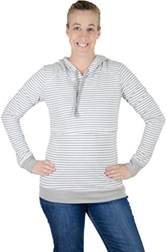 Latched Mama Women's Nursing Lightweight Striped Hooded Sweatshirt Small Light Grey/White Striped