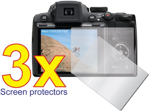 cheap 3 Nikon Coolpix P500 P300 Digital Camera Premium Clear LCD Screen Protector Cover Guard Shield Flim Kit, No cutting, Perfect fit with Full Protection!