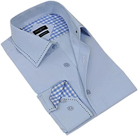 Rosso Milano's Mens Casual Light Blue Slim Fit Contrast Lining Button Down Dress Shirts