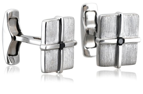 Sterling Silver Matte Square Cuff Links w/ Black Diamond Accent