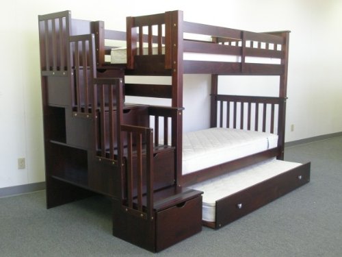 Bedz King Tall Twin over Twin Stairway Bunk Bed with Twin Trundle, Cappuccino On Sale