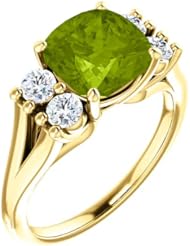 10K Yellow Gold 8.00x8.00mm Antique Cushion Cut Peridot and Diamond Ring -- LIFETIME WARRANTY