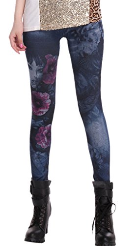 (ラボーグ)La Vogue 超美脚 レギンスパンツ レディース デニム風レギパン ストレッチ タイツ カジュアル風チノパン 柄付きダンスパンツ ブルー