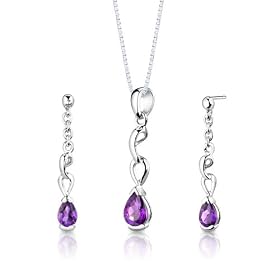 Sterling Silver 1.25 carats total weight Pear Shape Amethyst Pendant Earrings and 18 inch Necklace Set
