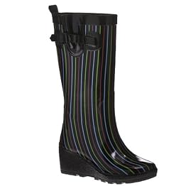 Colorful Stripe Wedge Rain Boots - Black/ Multicolor