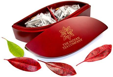 Luxurious and Exclusive Indianteacompany ITC Leaf Shaped Tea Chest Box, Mahogany finish, comes with 20 luxury pyramid teas. Caddy, Perfect Gift by Indianteacompany and Lipton