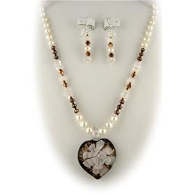 Murano Glass White Flower Heart Pendant Freshwater Pearls Sterling Silver Necklace Earrings 1312