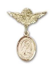 Gold Filled Baby Badge with St. Isidore of Seville Charm and Angel with Wings Badge Pin