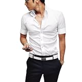 Allegra K Men Korean Style Short Sleeve Point Collar Buttoned Shirt White S