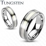 Tungsten Carbide Silver Stripe Inlay Beveled Edge Comfort Fit Band Ring - 5-8mm Width - Sizes: 5-13