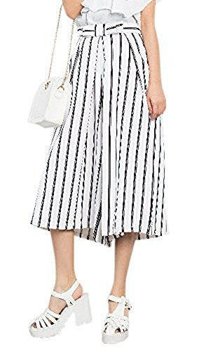 snipping ガウチョ パンツ ストライプ リボン 付き クロップド 七分 丈 ワイド パンツ S M L サイズ (M, ホワイト) snipping ガウチョ パンツ ストライプ リボン 付き クロップド 七分 丈 ワイド パンツ S M L サイズ (M, ホワイト)