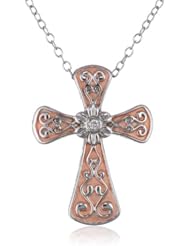 Sterling Silver Filigree Cross Diamond 0.02 cttw Pink Plated Pendant Necklace, 18"