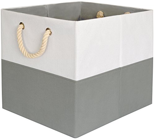 Large Foldable Canvas Storage Box Grey White with Cotton Rope Handles High Quality 13x13 Inch Fits Kallax Expedit Shelving Unit Cube