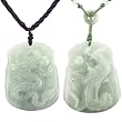 Natural Grade A Jadeite Jade Hand Carved Dragon and Phoenix Pendant Necklace Couples Set