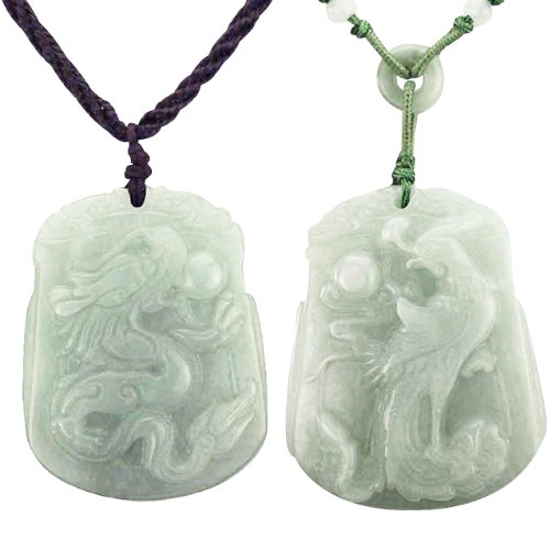Natural Grade A Jadeite Jade Hand Carved Dragon and Phoenix Pendant Necklace Couples Set