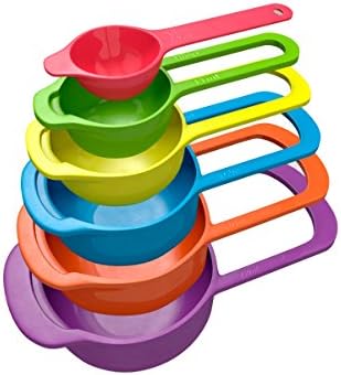 6 Pc Set of Plastic Nested Measuring Cups and Spoons. Stackable Space Saving Multicolor Design.