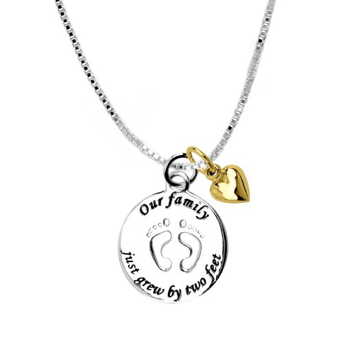 14k Yellow Gold Overlay Sterling Silver “Our Family Just Grew By Two Feet” Two-Tone Charm Necklace, 18″