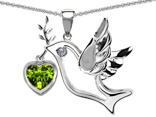 1.51 cttw 14k White Gold Plated Sterling Silver Peace Love Dove Pendant with Genuine Diamond and Heart Shape Peridot